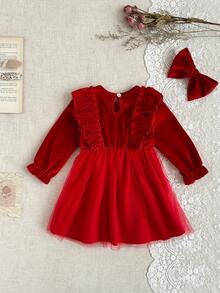 SHEIN Váy lưới dự tiệc trang trí nơ thanh lịch cho bé gái - Đỏ - Xem 2