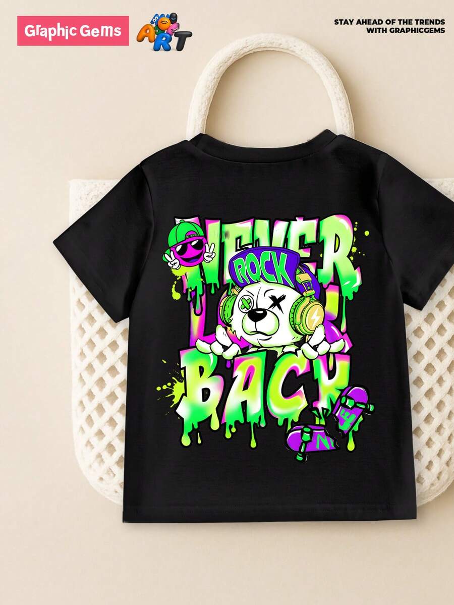 GraphicGems Tween Boy Casual Fashion Round Neck Knitted Printed T-Shirt, Back Top School, Campus, College - Black - View 1