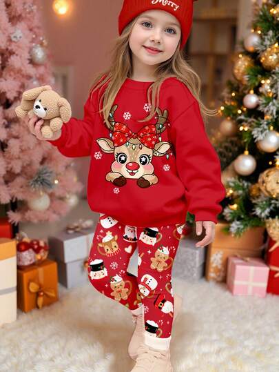 SHEIN 红色圣诞庆典少女卡通驯鹿印花休闲柔软保暖圆领长袖卫衣和紧身裤套装，适合秋冬日常穿着、新年、街头风格、居家、节日
