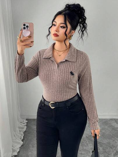 Modelyn Women's Shirt Collar Long Sleeve Embroidered Velvet Casual Loose Fit Plus Size T-Shirt, Suitable For Autumn/Winter