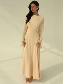 Aloruh Apricot Minimalist Commuter Ruched Collar Flare Sleeve Patchwork Long Sleeve Dress For Women - Apricot - View 5