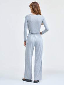 Loungeista 2pcs Set Women Long Sleeve Solid Color Top And Pants Suit, Spring/Autumn/Winter, Two Pieces Set Outfit, Fall Clothesfor Summer - Grey - View 2