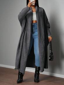 Slaydiva 2025 New Autumn/Winter Plus Size Women Collegiate/Business Casual Wear/Western Style Cardigan/Office Attire/Street Club Fashion/City Vacation/Graduation Date/Refined Elegant/Party/Independence Day/Casual Basic Outdoor Social Loose Gray Batwing Sleeve Cape-Style Mid-Length Knitted Cardigan Sweater Fashionable For Women - Black - View 1