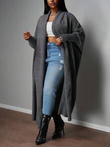 Slaydiva 2025 New Autumn/Winter Plus Size Women Collegiate/Business Casual Wear/Western Style Cardigan/Office Attire/Street Club Fashion/City Vacation/Graduation Date/Refined Elegant/Party/Independence Day/Casual Basic Outdoor Social Loose Gray Batwing Sleeve Cape-Style Mid-Length Knitted Cardigan Sweater Fashionable For Women - Black - View 3