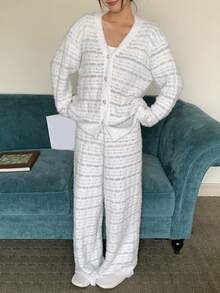 DAZY 格子图案宽松长袖针织上衣和裤子两件套睡衣，女士秋冬保暖舒适睡衣