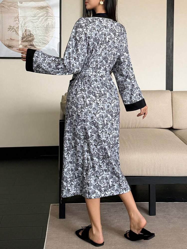 Floral Print Contrast Shawl Collar Long Robe For Women, Fall & Winter