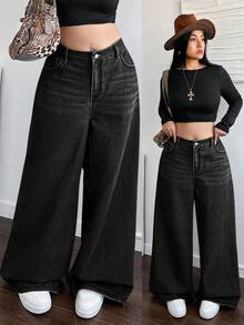 Dripcurv Plus Size Casual Loose Straight Leg Khaki Jeans Fall And Winter Denim Jeans Halloween Outfits Wide Leg Jeans Fashionable Solid Retro Washed Vintage Denim Oversized Jeans