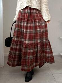 FRIFUL 女士休闲长款格子裙，荷叶边下摆，秋冬季圣诞节新年装 - 紅色 - 查看 5