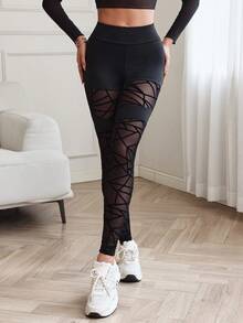 Slayform Quần legging lưới họa tiết liền mạch dành cho nữ, trang phục thể thao thường ngày - màu đen - Xem 5