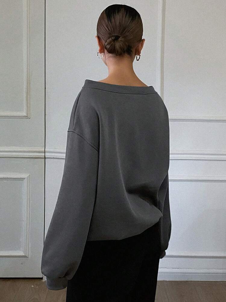 Thermal-Lined Loose Floral & Letter Print Asymmetric-Shoulder Long Sleeve Casual Street Style Sweatshirt For Women, Autumn/Winter Thermal Lined