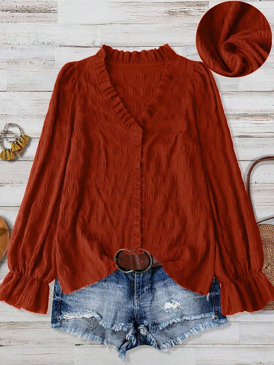 SHEIN LUNE 大码女式纯色纹理 V 领荷叶边下摆长袖宽松休闲上衣，面料柔软舒适，适合日常穿着 - 亮橙色 - 查看 1