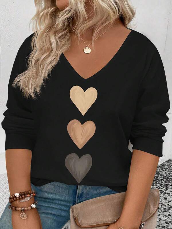 EMERY ROSE Women's V-Neck Cuffed Sleeve, Best-Selling Ombre Heart Print Casual Versatile Long Sleeve T-Shirt