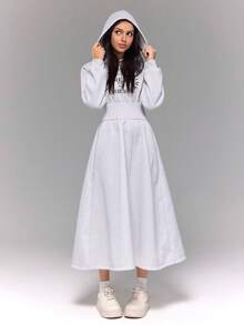 少女休闲百搭日常学院风字母印花连帽束腰长袖运动衫连衣裙 - 灰色 - 查看 6