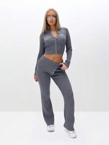 BABYPHAT Pantaloni a zampa con costine e dettagli con bottoni, vita alta, pantaloni larghi da relax - Grigio Scuro - Visualizzare 5