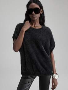 Ontre Women's Charcoal Gray Chic Night Out Fuzzy Black Faux Fur Knit Top,Oversized 2025 Autumn/Winter Apparel,Elegant Wedding Guest,Business Casual,Summer - Black - View 5
