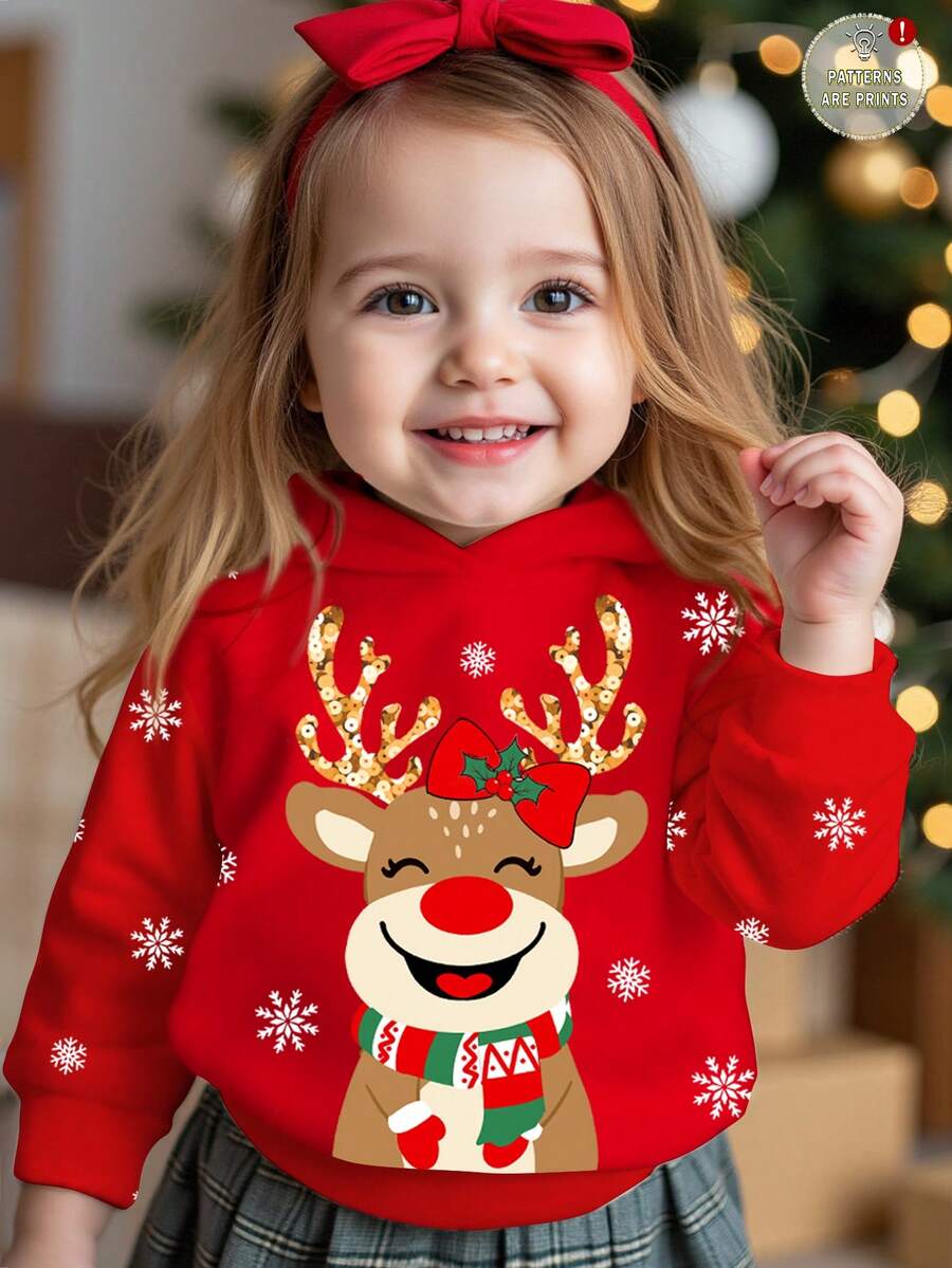 SHEIN Happikins 女婴休闲圣诞快乐可爱卡通驯鹿、圣诞雪花、圣诞铃铛图案红色节日宽松舒适针织柔软连帽套头衫,适合秋冬季穿着 - 彩色 - 查看 1
