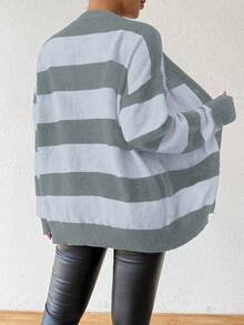 EMERY ROSE Autumn/Winter New Design Striped Faux Mink Fleece Cardigan Sweater For Women - Dark Grey - View 2