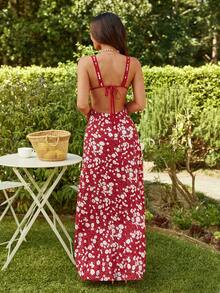 KARISMINA Rochie ocazională de damă, fără spate, cu decolteu în V, în formă de A, potrivită pentru vacanță - Roșu Ditsy Floral, stil boho - Multicolor - Vizualizare 2