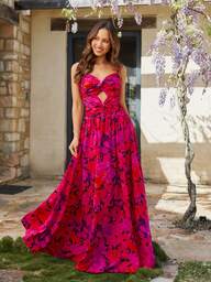 KARISMINA Vestido largo con estampado floral, abertura con efecto retorcido y abertura en el muslo, vestido ideal para el Día de San Valentín y vacaciones