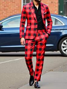 Calvornis Men's Plaid Print Long Sleeve Suit Jacket And Pants Set,2 Pieces Slim Fit Casual Leisure Suits,Red And Black,Summer,Elegant,Party,Christmas Costumes - Red - View 1