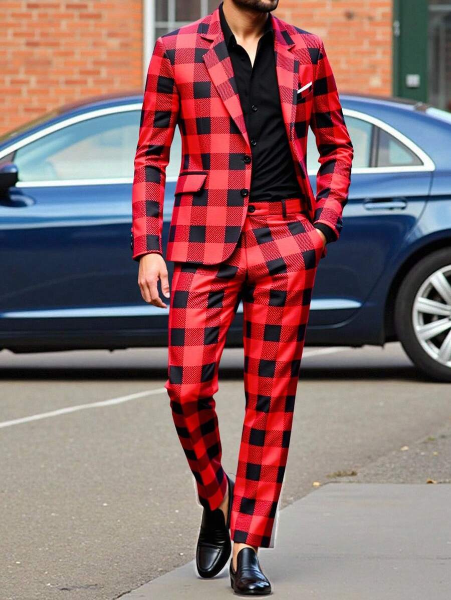 Calvornis Men's Plaid Print Long Sleeve Suit Jacket And Pants Set,2 Pieces Slim Fit Casual Leisure Suits,Red And Black,Summer,Elegant,Party,Christmas Costumes - Red - View 1
