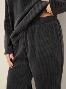 SHEIN LUNE 休闲宽松套头衫半拉链罗纹两件套，大码，秋冬 - 灰色 - 查看 7