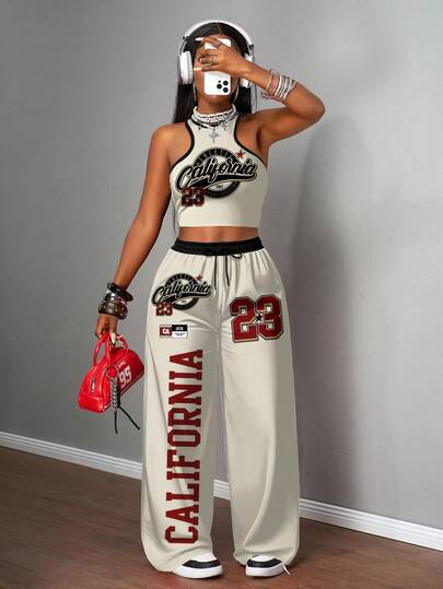 Slaydiva Set de 2 piezas de top de tirantes ajustado y pantalones sueltos de estilo casual para mujer, adecuado para uso diario