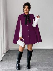 Elenzga 时尚休闲法式复古优雅珍珠纽扣蝴蝶结斗篷大衣 - 紫色 - 查看 6