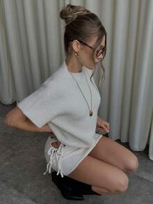 SHEIN BAE Women's Casual Side Tie Solid Color Knit Skirt,,Winter ,Women's Winter Clothes , Autumn Winter Women,Halloween,New Year,Thanksgiving Outfit For Women ,Thanksgiving Outfit For Women ,Party Outfit ,White Short Skirt, Sweater Skirt, White Skirt,