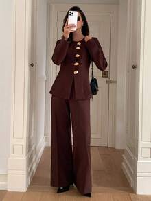 Elyressa 2pcs Women's Elegant Casual Commute French Street Metal Decor Button Apricot Set - Coffee Brown - View 7