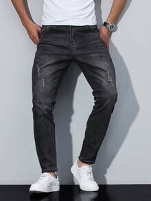 Manfinity Homme Jeans casuales de corte slim con bolsillo para hombre - Negro - Ver 3