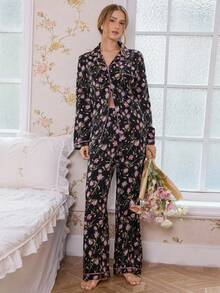 CottageSlumber Conjunto de pijama con top de cuello con solapa y pantalones con estampado floral de burbujas y arrugas, ropa de otoño e invierno - Multicolor - Ver 3