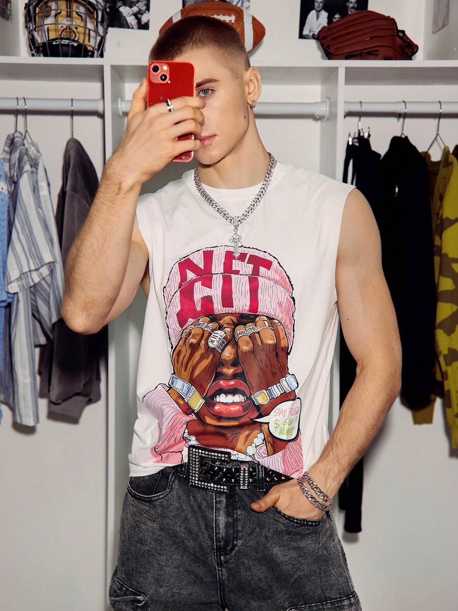 STEELVANCE 男士宽松无袖背心，美式街头嘻哈风格 - 白色 - 查看 1