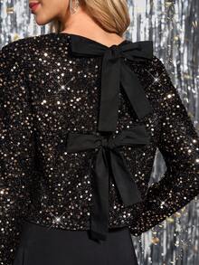 SHEIN Clasi 女士圆领长袖黑色亮片优雅日常、外出、节日派对闪亮蝴蝶结露背上衣，秋冬季 - 黑色 - 查看 3