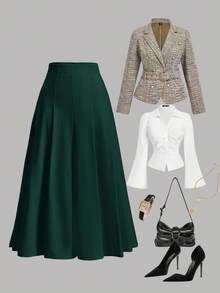 SHEIN MOD Chân váy xếp ly cỡ lớn, chân váy Giáng sinh - Màu xanh lá cây đậm - Xem 1