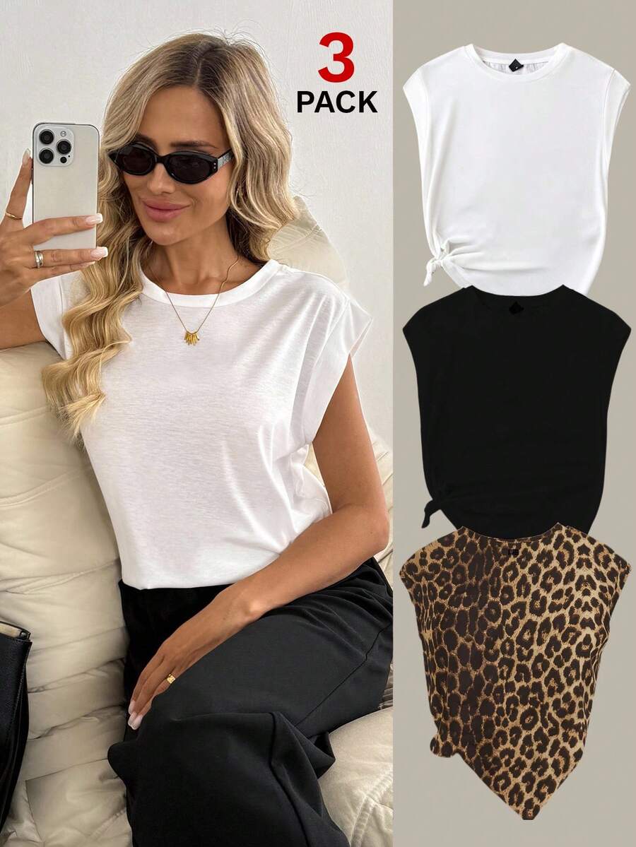 Easowa 3pcs Set Casual Minimalist Round Neck Cap Sleeve Fitted Women T-Shirt, Suitable For Summer Summer - Multicolor - View 1