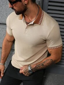 Manfinity CasualCool Camisa Polo Masculina Plus Size Casual com Botões em Cores Contrastantes e Manga Curta, Camisa Polo Listrada de Verão para Homens, Camisa Polo Masculina com Botões, Camisa Polo Creme Masculina, Camisa Polo Masculina de Manga Curta, Camisa Polo de Malha Masculina. Ideal para uso diário, viagens de fim de semana, atividades ao ar livre, expedições, ambientes de trabalho descontraídos ou ocasiões semiformal. Ótima opção de presente para namorado/marido ou aniversário de casamento. - Caqui - Ver 1