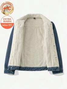 SHEIN 青少年男孩时尚休闲 Y2K 复古酷炫街头返校学院风基础款简约舒适秋冬蓝色怀旧复古水洗牛仔抓绒内衬保暖翻领长袖牛仔外套，适合青少年男孩日常穿着，也适合儿童秋冬季锐舞派对、节日和街头服饰。