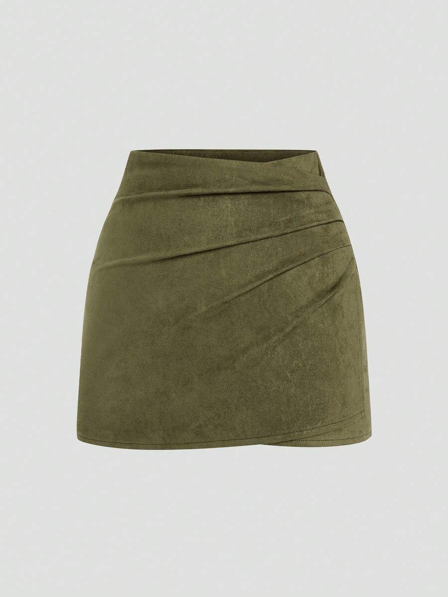 Sweetra Plus Size Suede Pleated Asymmetric Zipper Decor Minimalist Commuter Short Skirt, Autumn/Winter - Olive Green - View 1