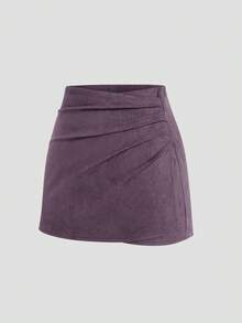 Sweetra Plus Size Pleated Asymmetric Zipper Decor Faux Suede Short Skirt, Minimalist Commuter Style, Autumn/Winter - Purple - View 6