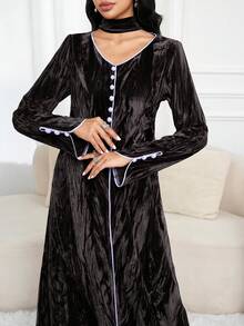 Al Najma 女式 V 领撞色饰边前扣休闲宽松阿拉伯风格连衣裙 - 淺灰紫 - 查看 3