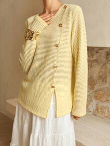 SHEIN Unity Lymera 女士奶油黄不对称秋季优雅商务休闲侧开衩圆领格子纽扣长袖柔软畅销T恤上衣，适合夏季、秋季/冬季派对、外出、新年、圣诞节、感恩节、工作、办公室、通勤等场合。 - 黃色 - 查看 6