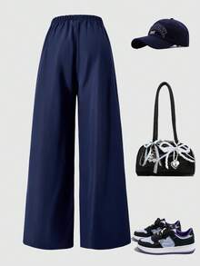 少女百搭海军蓝阔腿裤