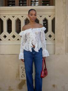 Yess Loren Women Summer Vacation Casual Open Front Ruffle Trim Off Shoulder Long Sleeve Sheer White Lace Blouse - White - View 2