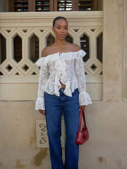 Yess Loren Women Summer Vacation Casual Open Front Ruffle Trim Off Shoulder Long Sleeve Sheer White Lace Blouse