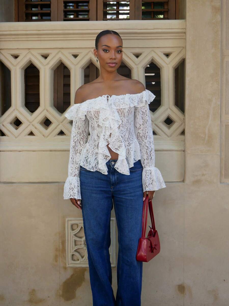 Yess Loren Women Summer Vacation Casual Open Front Ruffle Trim Off Shoulder Long Sleeve Sheer White Lace Blouse
