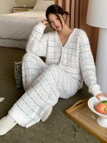 DAZY 格子图案宽松长袖针织上衣和裤子两件套睡衣，女士秋冬保暖舒适睡衣