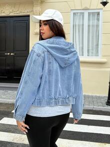 SHEIN ICON جاكيت قطني غير محدد المقاس مع غطاء رأس وأكمام طويلة منسدلة للنساء ذوات المقاسات الكبيرة، ربيع وخريف - الأزرق - مشاهدة 2