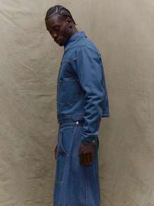 男士宽松版型纽扣牛仔夹克（冬季款） - 中等水洗藍 - 查看 3