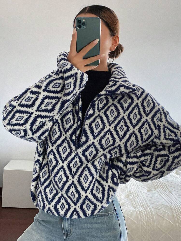 Vintage Floral Print Thermal Lined Loose Fit Casual Street Wear Long Sleeve Pullover Sweatshirt For Women, Autumn/Winter